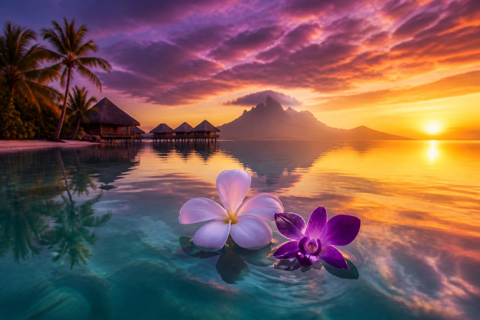 Lagon de Tahiti au coucher de soleil avec fleur de tiaré et orchidée